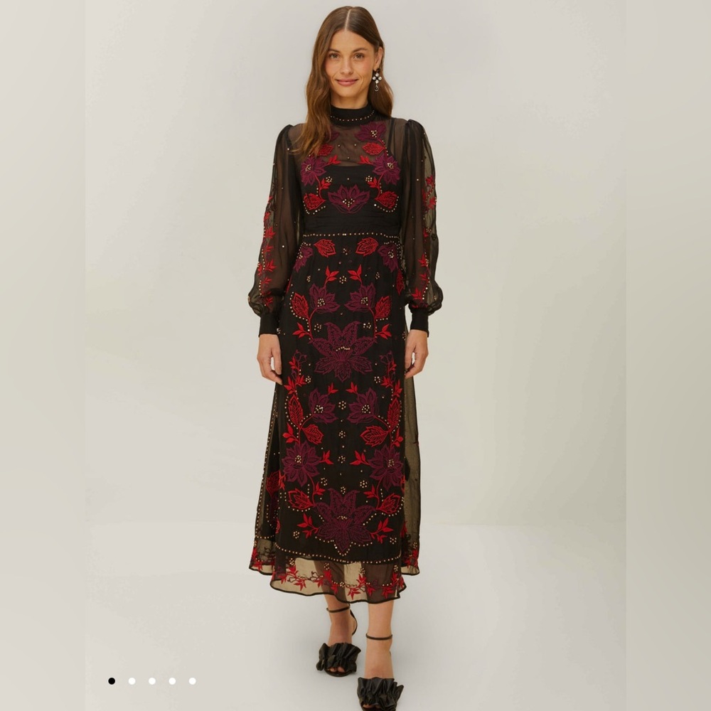 Farm Rio Black Organza Long Sleeve Midi Dress